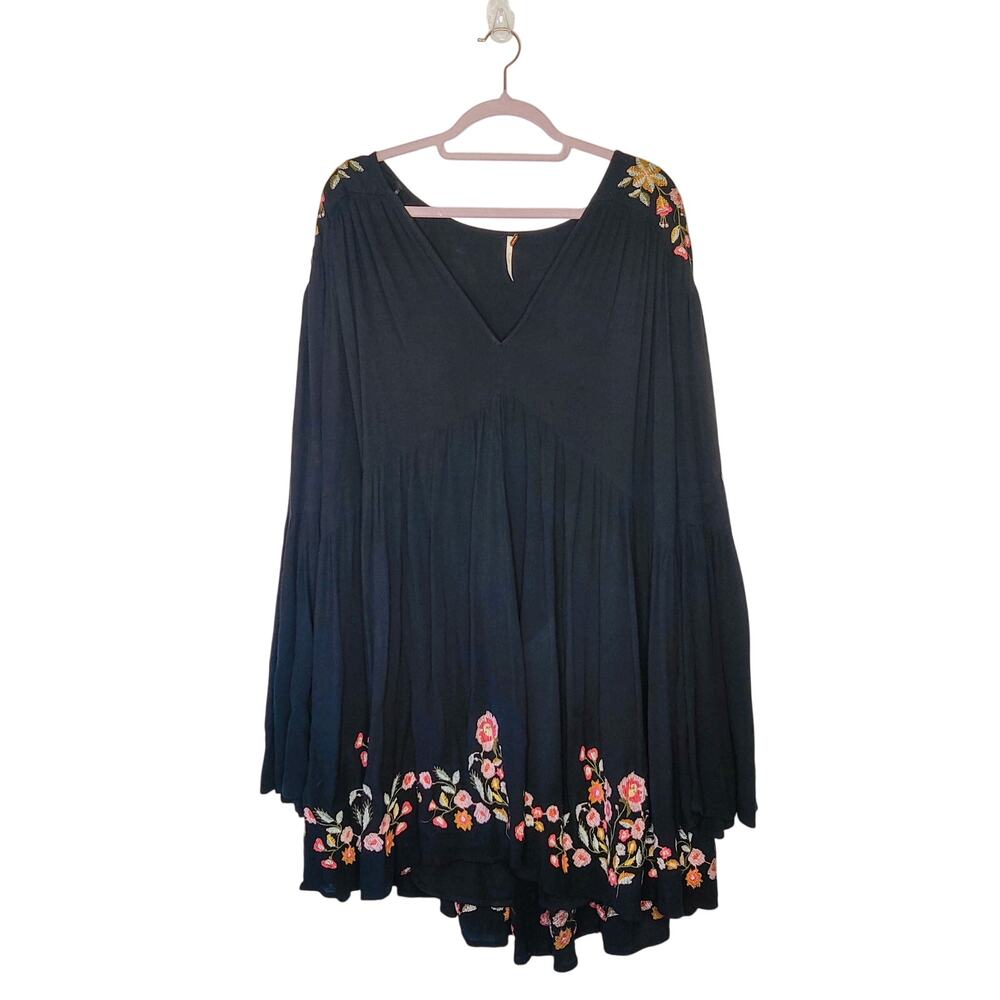 Free People Te Amo Black Gauzy Floral Embroidered Boho Babydoll Mini Dress Large - Picture 4 of 16